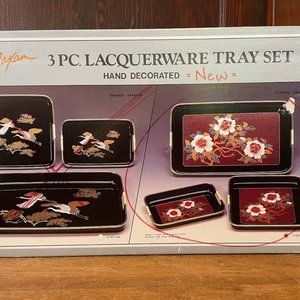 Vintage Lacquerware 3 piece set Floral Red Gold Lacquerware New Old Stock
